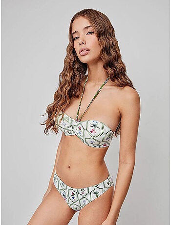 Top bikini bandeau con aro, escote frunncido y estampado floral