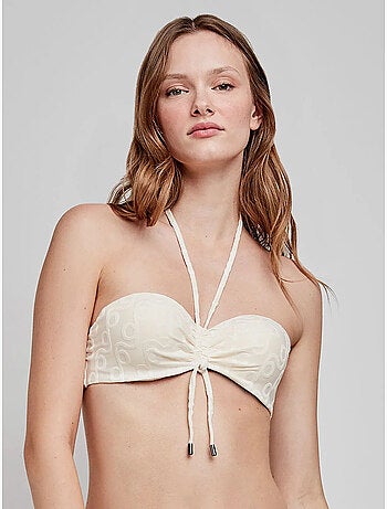 Top bikini bandeau desmontable con aro en jacquard geométrico