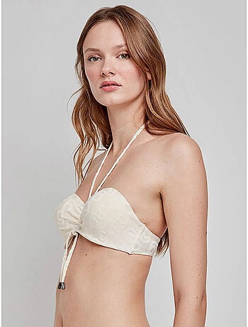Top bikini bandeau desmontable con aro en jacquard geométrico