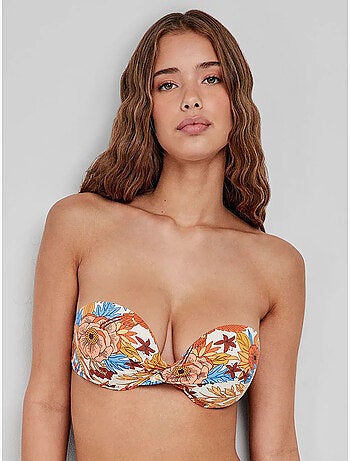 Top bikini bandeau desmontable, con aro, foam y estampado floral