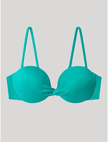 Top bikini bandeau desmontable, con aro, foam y frunce en escote