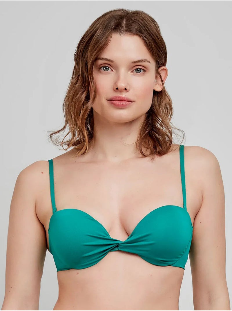 Top bikini bandeau desmontable, con aro, foam y frunce en escote Azul Verde - Kiabi