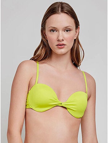 Top bikini bandeau desmontable, con aro, foam y frunce en escote
