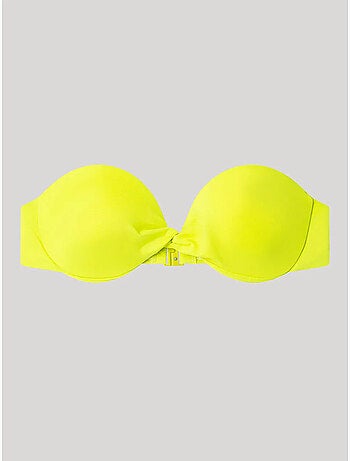 Top bikini bandeau desmontable, con aro, foam y frunce en escote