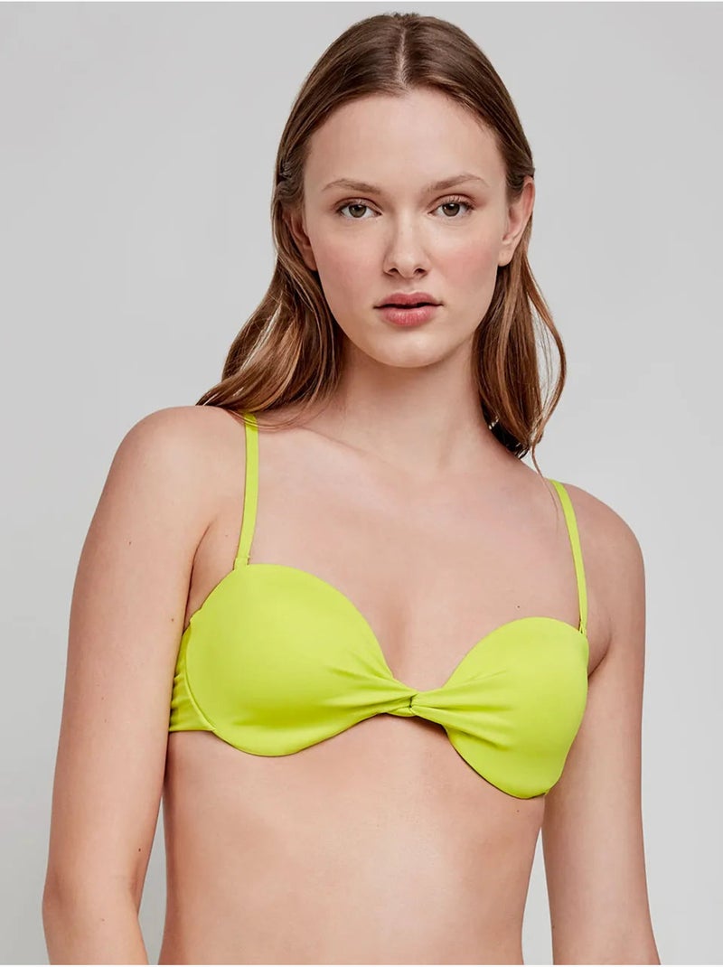 Top bikini bandeau desmontable, con aro, foam y frunce en escote Azul Verde - Kiabi