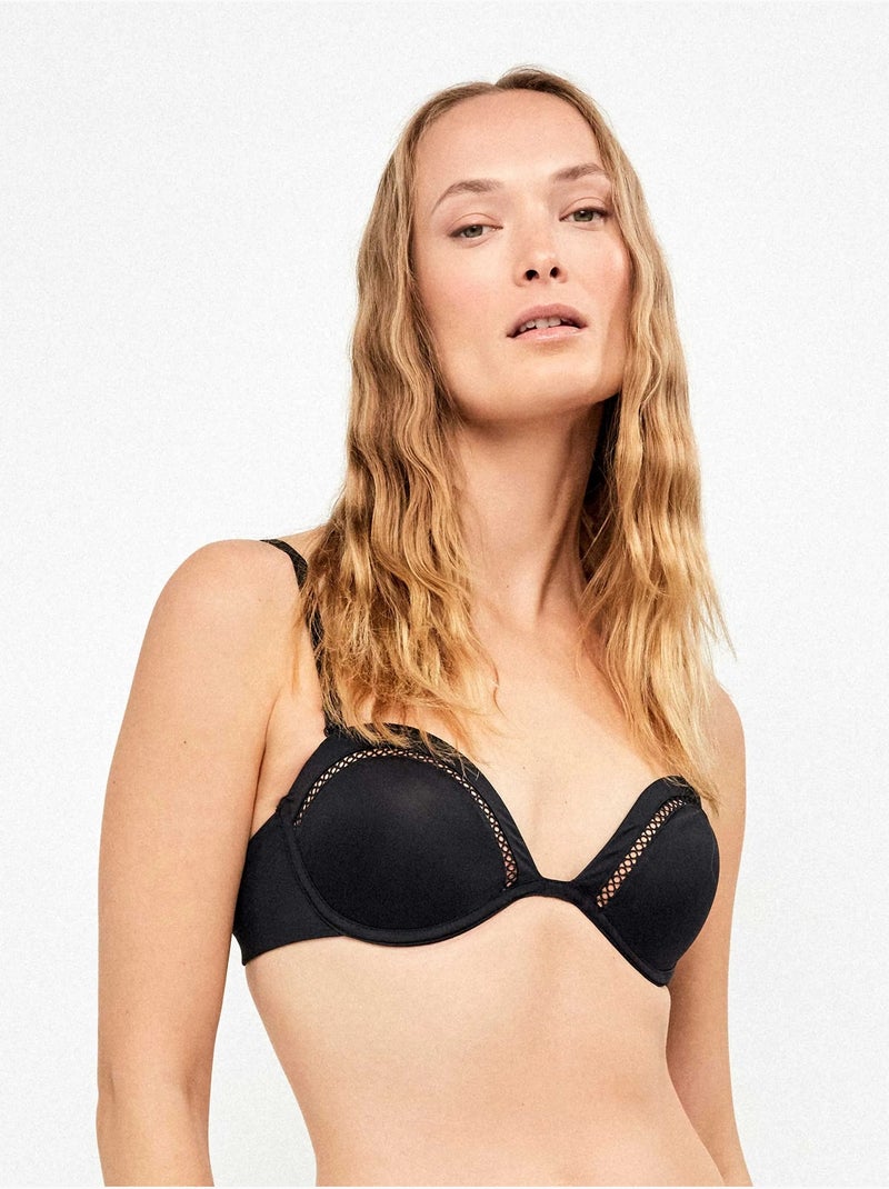 Top bikini bandeau desmontable con aro y detalles calados Negro - Kiabi