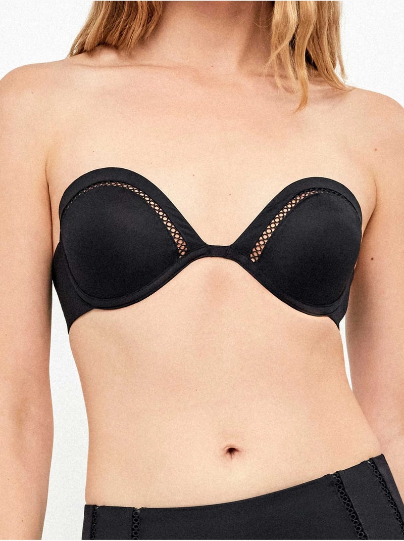 Top bikini bandeau desmontable con aro y detalles calados Negro - Kiabi