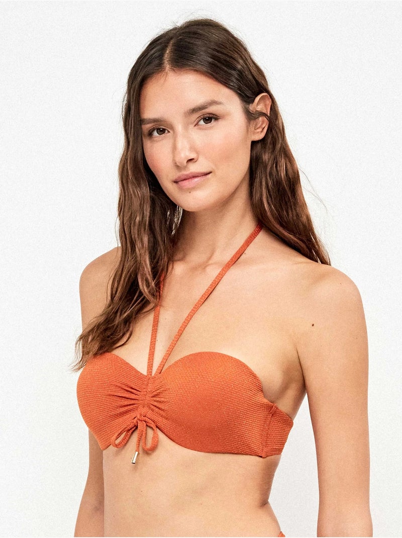Top bikini bandeau en tejido piqué con acabado brillante Terracota - Kiabi