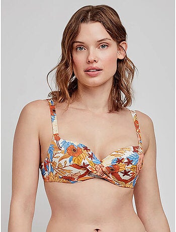 Top bikini capacidad con aro, foam, cruce en escote y estampado