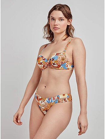 Top bikini capacidad con aro, foam, cruce en escote y estampado