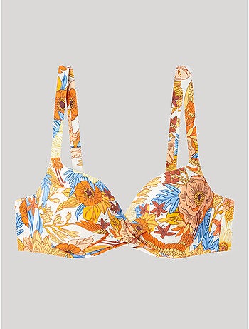 Top bikini capacidad con aro, foam, cruce en escote y estampado