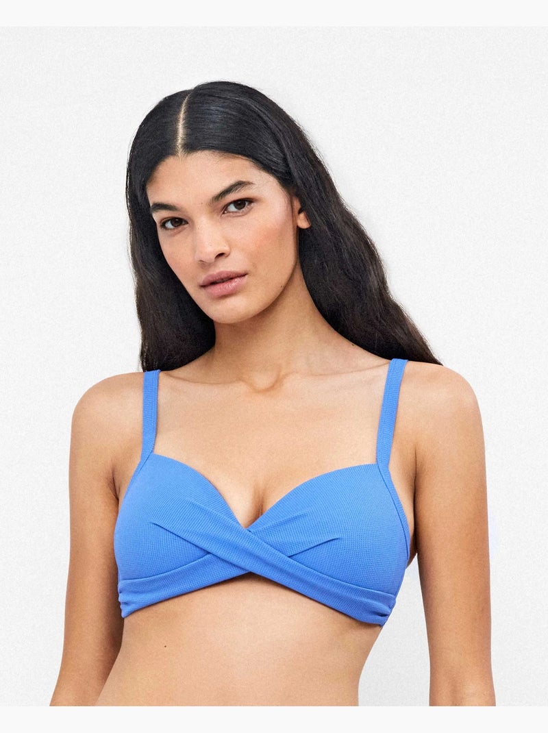 Top bikini capacidad sin aro con foam cruce en pecho tejido piqué Azul - Kiabi