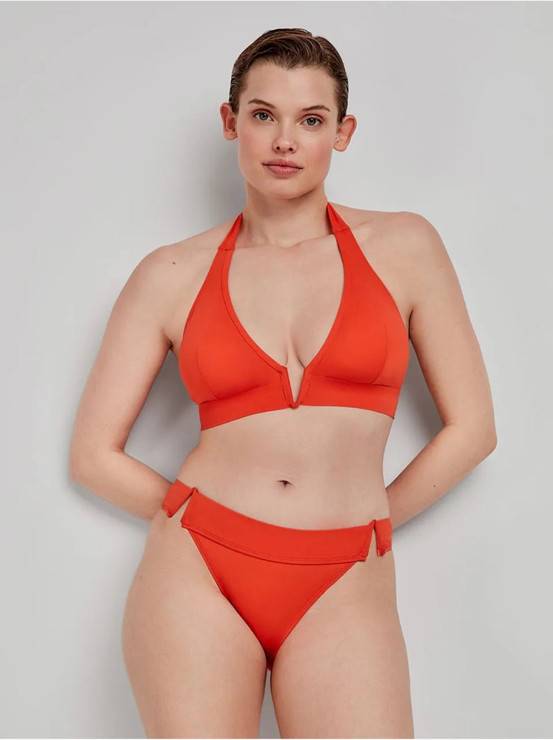 Top bikini cuello halter con escote en v, sin aro y con foam extraíble Naranja - Kiabi