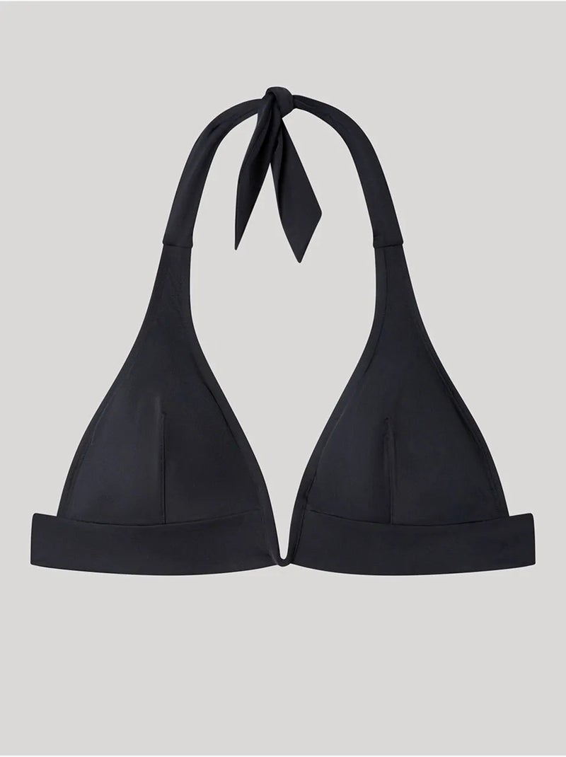 Top bikini cuello halter con escote en v, sin aro y con foam extraíble Negro - Kiabi