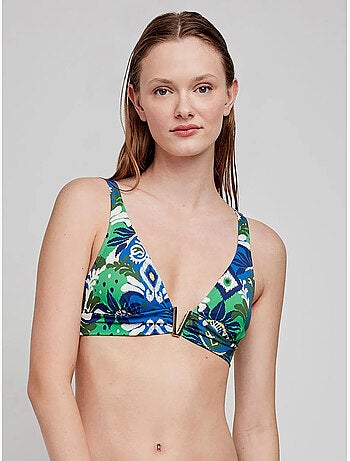 Top bikini triangular estampado tribal, sin aro, con foam y escote v