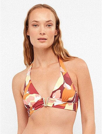 Top bikini triangular halter, sin aro con copa fija estampado