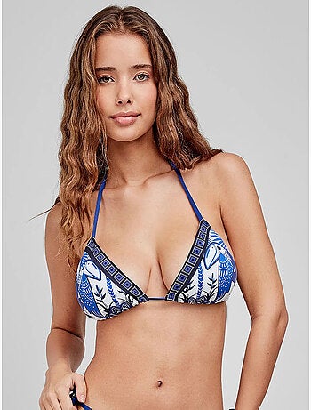 Top bikini triangular sin aro, con estampado de tucanes y cenefa