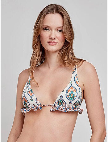 Top bikini triangular sin aro, con foam extraíble y estampado arabesco