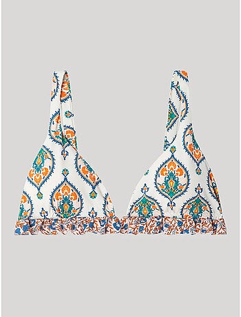 Top bikini triangular sin aro, con foam extraíble y estampado arabesco
