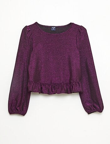 Top brillante de punto con besos y volante