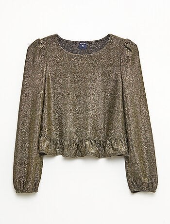 Top brillante de punto con besos y volante