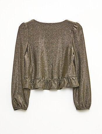 Top brillante de punto con besos y volante