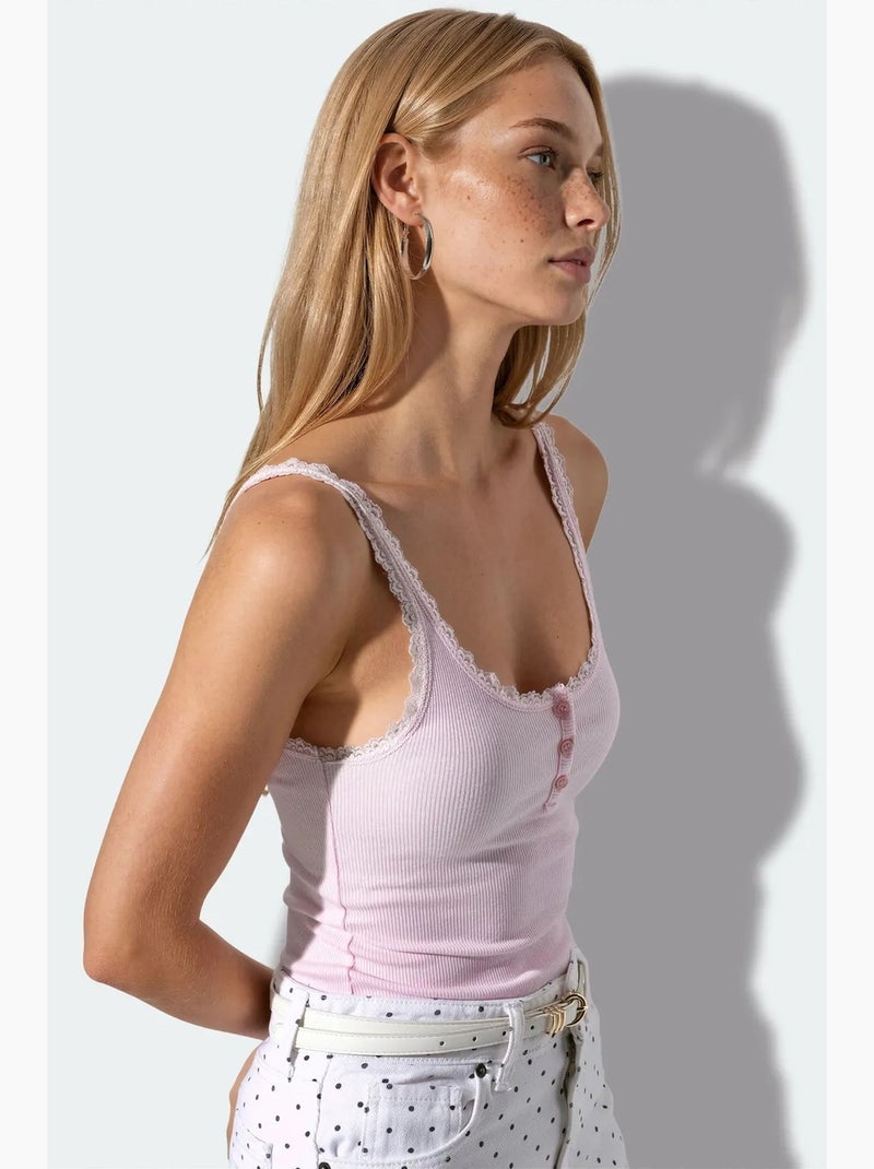 Top camisola entallado con ribete de encaje busem Rosa claro - Kiabi