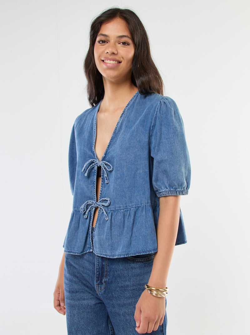 Top chaleco denim con lazos para anudar delante corte cropped Azul - Kiabi