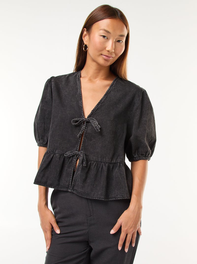 Top chaleco denim con lazos para atar delante corte cropped Negro - Kiabi