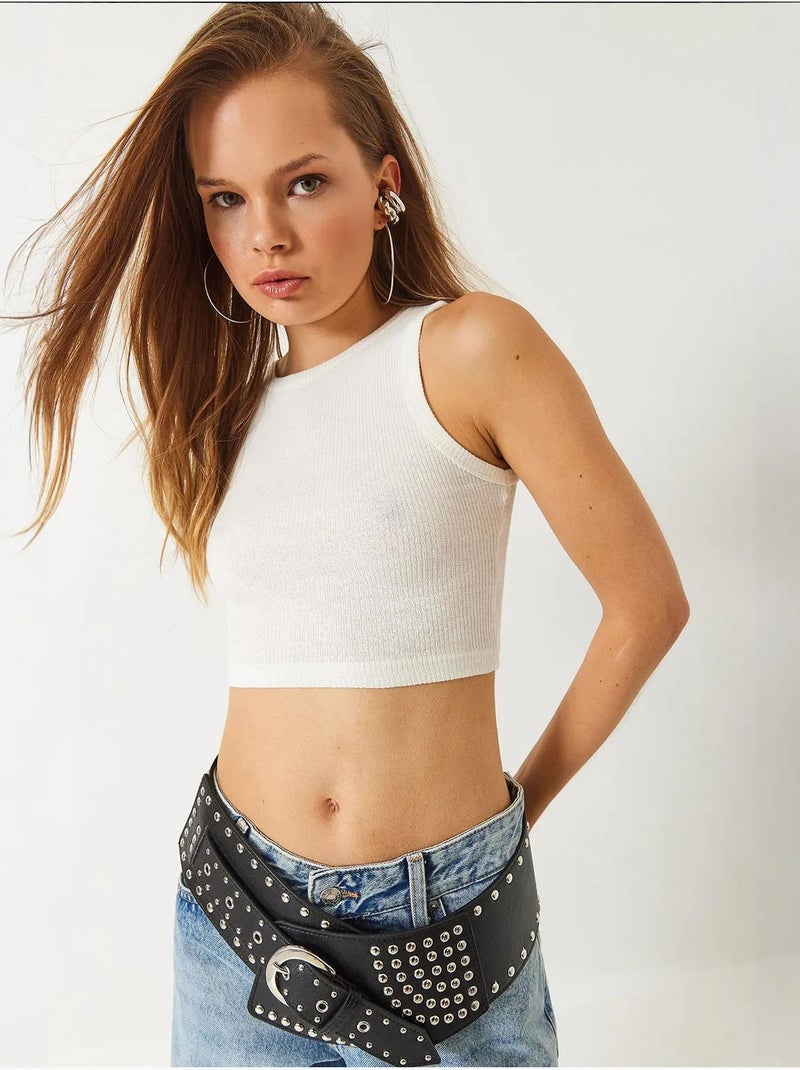 Top corto de algodón acanalado con cuello halter lucci Beige arcilla - Kiabi