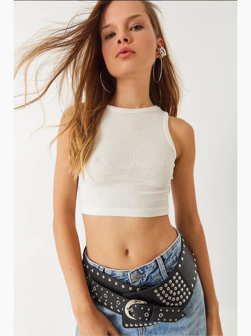 Top corto de algodón acanalado con cuello halter lucci Beige arcilla - Kiabi