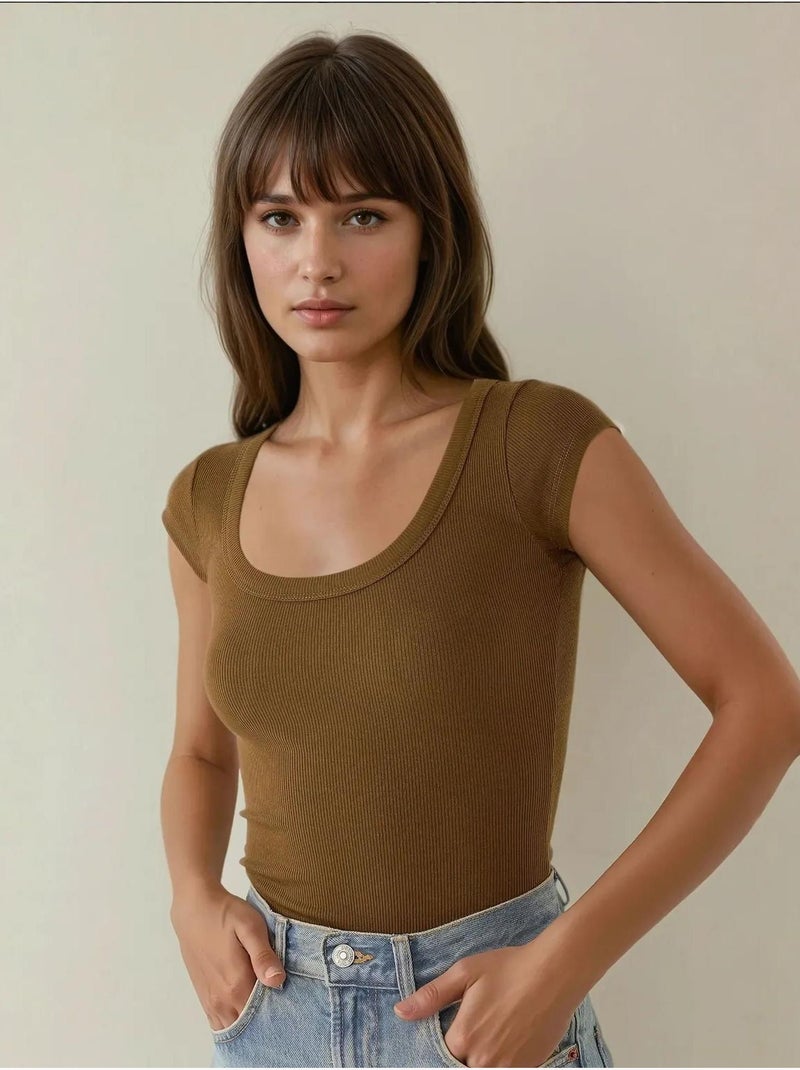 Top corto de canalé slim fit con escote redondo hiccup Marrón - Kiabi