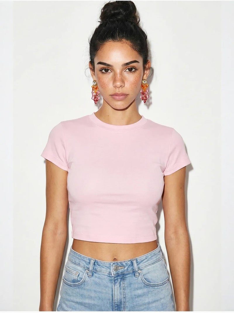Top corto de mujer slim fit de algodón y lycra lucci Rosa claro - Kiabi