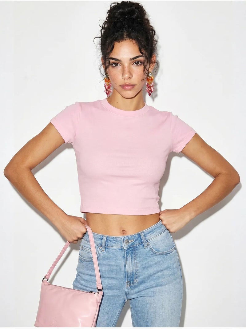 Top corto de mujer slim fit de algodón y lycra lucci Rosa claro - Kiabi