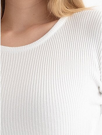 Top corto de punto acanalado de manga larga con cuello redondo