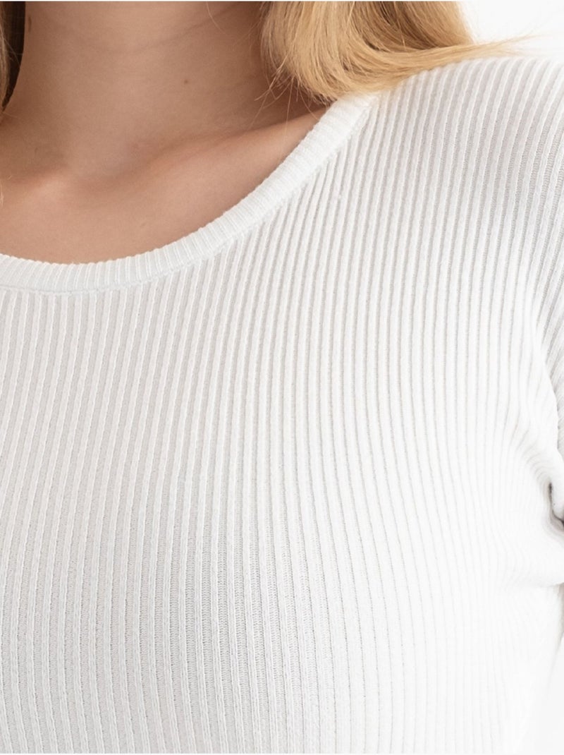 Top corto de punto acanalado de manga larga con cuello redondo Blanco - Kiabi