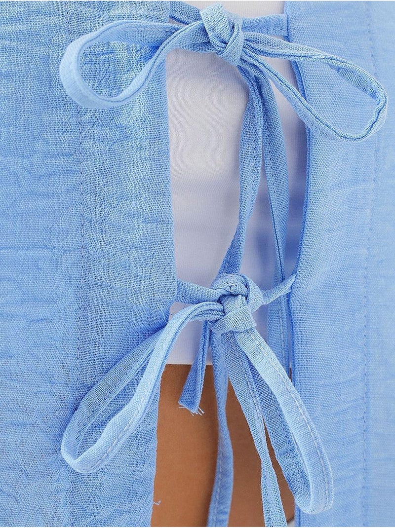 Top corto texturizado de mezcla de lino con cuello de pico bdart Azul claro - Kiabi