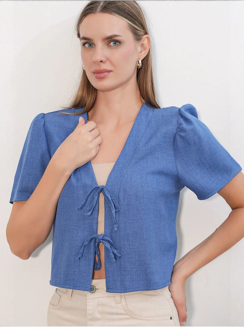 Top corto texturizado de mezcla de lino con cuello de pico bdart Azul - Kiabi