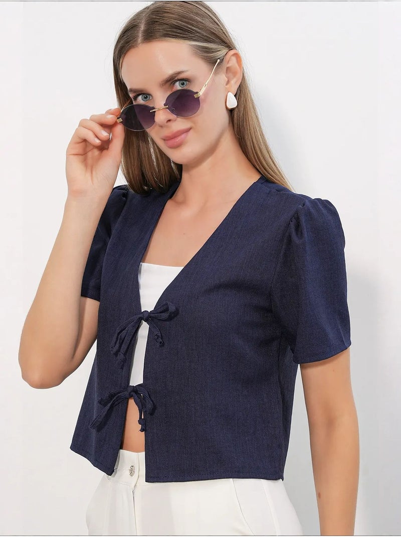 Top corto texturizado de mezcla de lino con cuello de pico bdart Azul marino - Kiabi