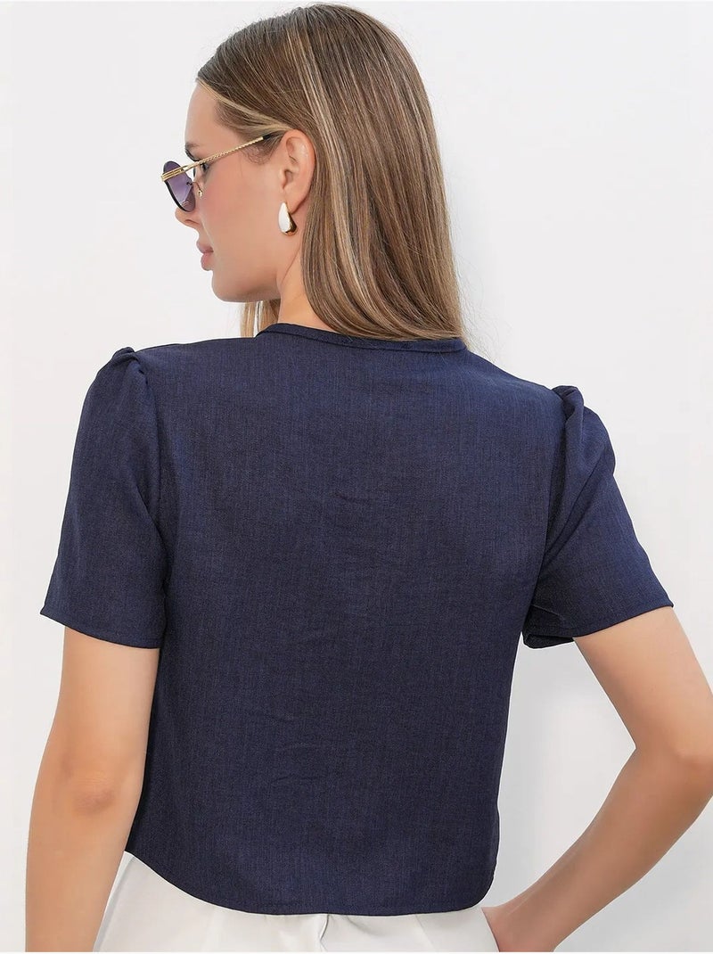 Top corto texturizado de mezcla de lino con cuello de pico bdart Azul marino - Kiabi