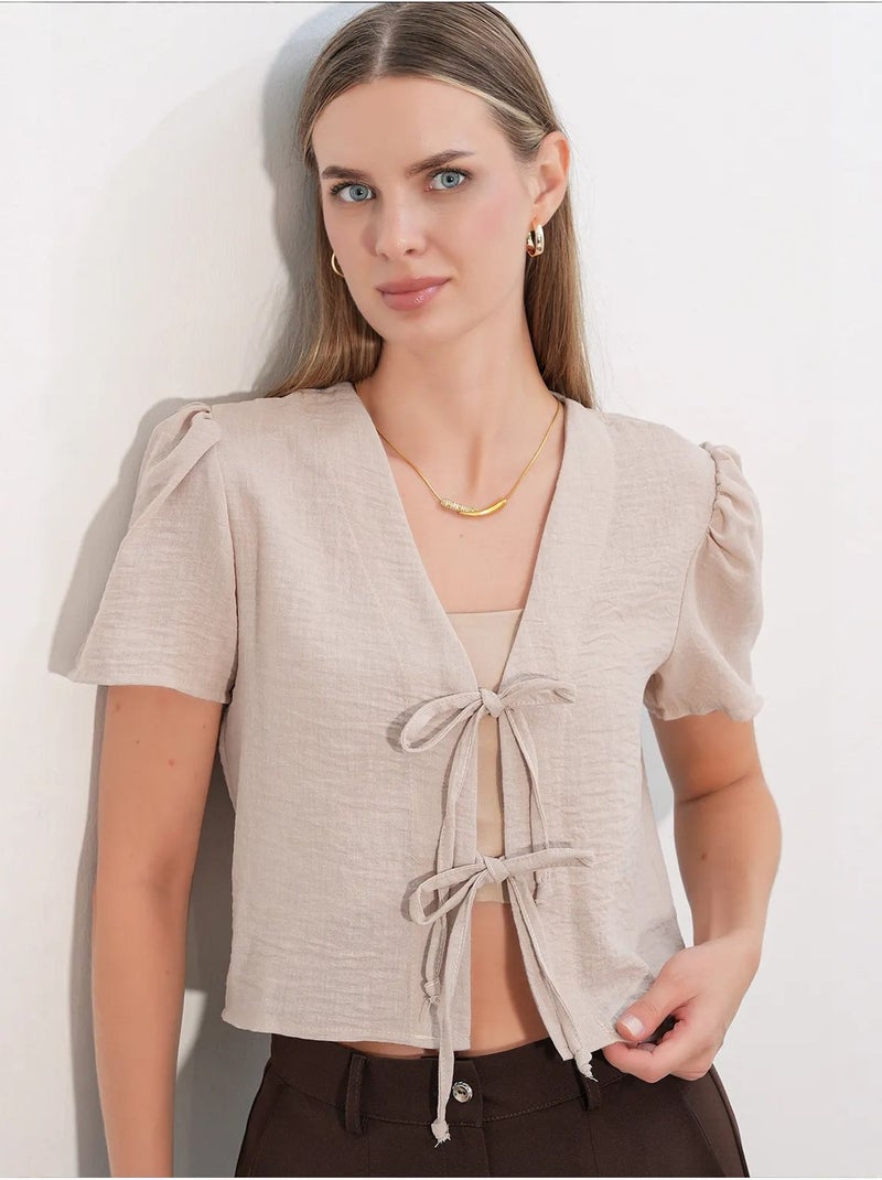 Top corto texturizado de mezcla de lino con cuello de pico bdart Beige arcilla - Kiabi