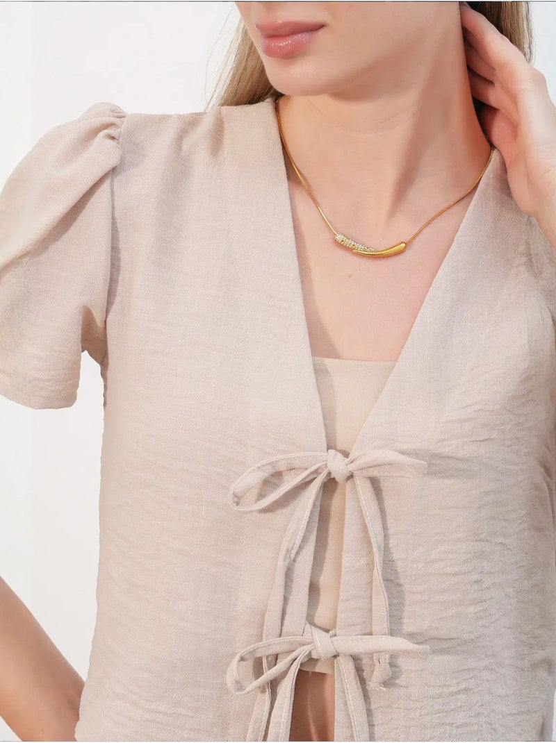 Top corto texturizado de mezcla de lino con cuello de pico bdart Beige arcilla - Kiabi