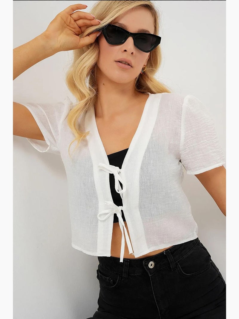 Top corto texturizado de mezcla de lino con cuello de pico bdart Blanco - Kiabi