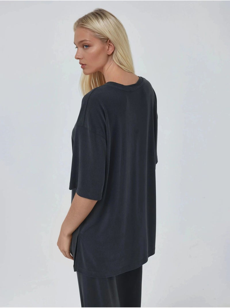 Top de cuello redondo y manga corta de corte relajado busem Gris negro - Kiabi
