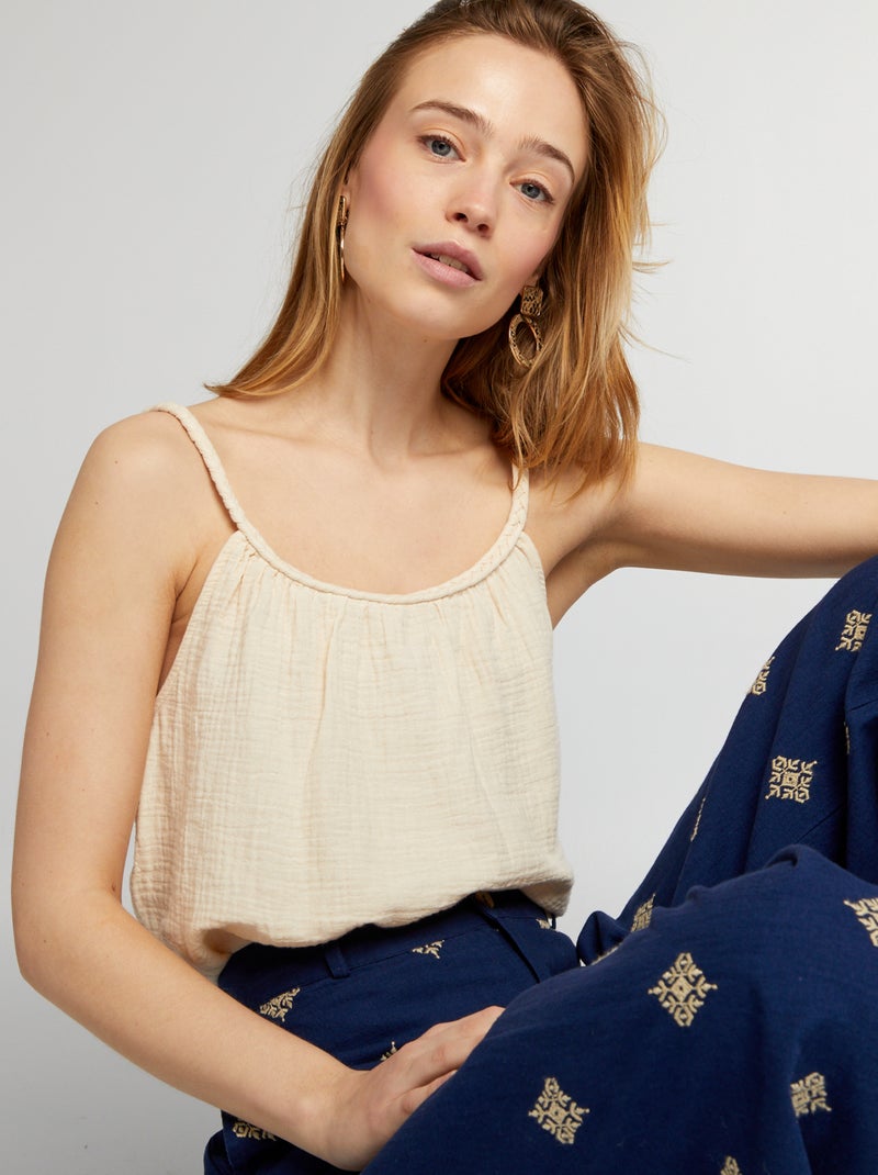 Top de gasa de algodón con tirantes trenzados BEIGE - Kiabi