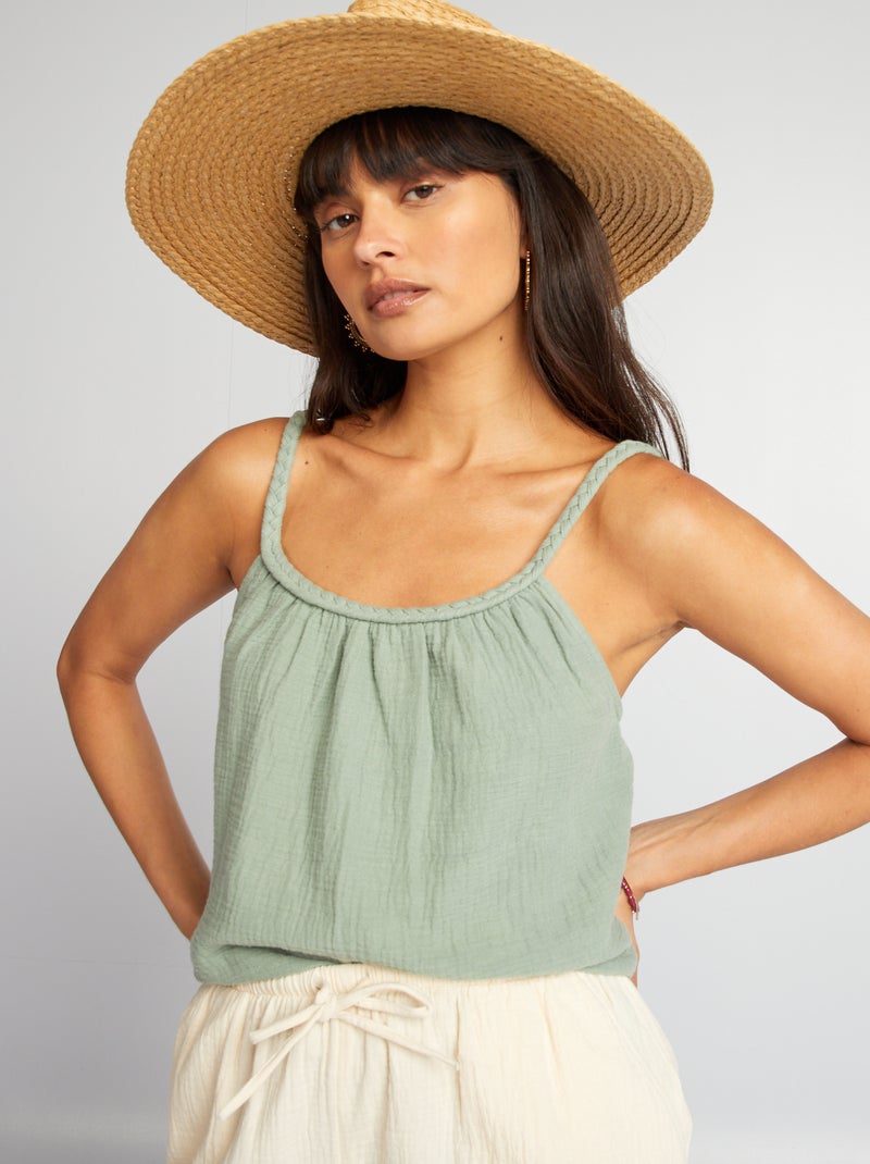 Top de gasa de algodón con tirantes trenzados VERDE - Kiabi