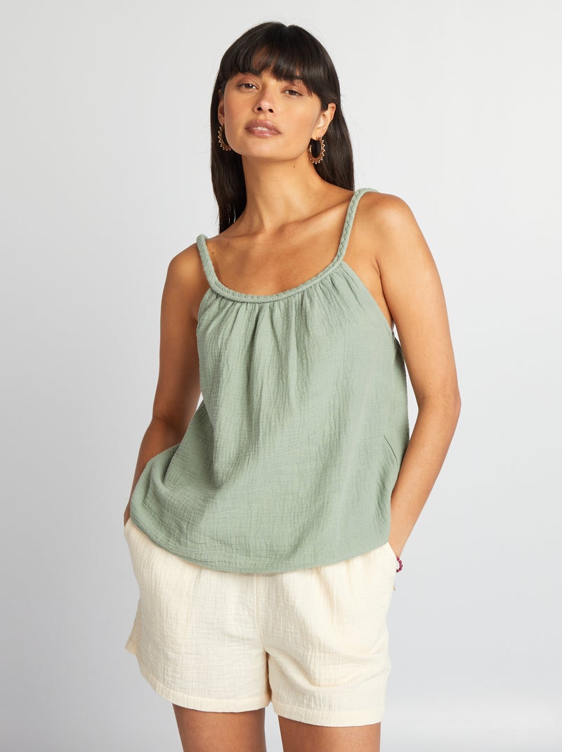 Top de gasa de algodón con tirantes trenzados VERDE - Kiabi