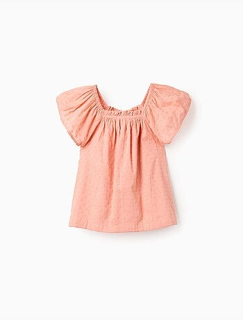 Top de manga corta de algodón con bordado suizo