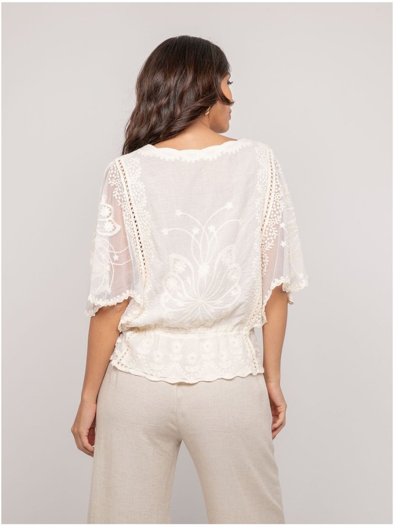 Top de mangas mariposa con bordado FLEURETTE Crudo - Kiabi