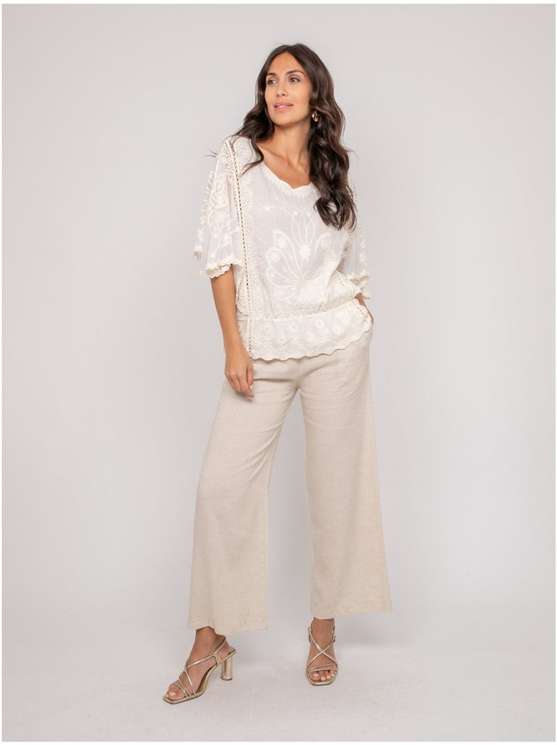 Top de mangas mariposa con bordado FLEURETTE Crudo - Kiabi